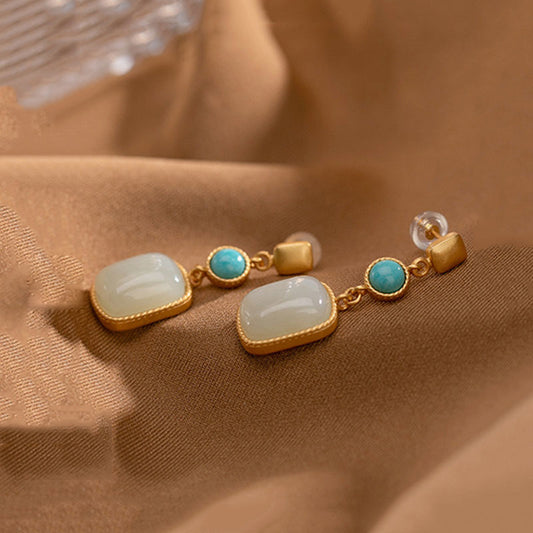 Vintage Plated Square Hetian Jade Stud Earrings