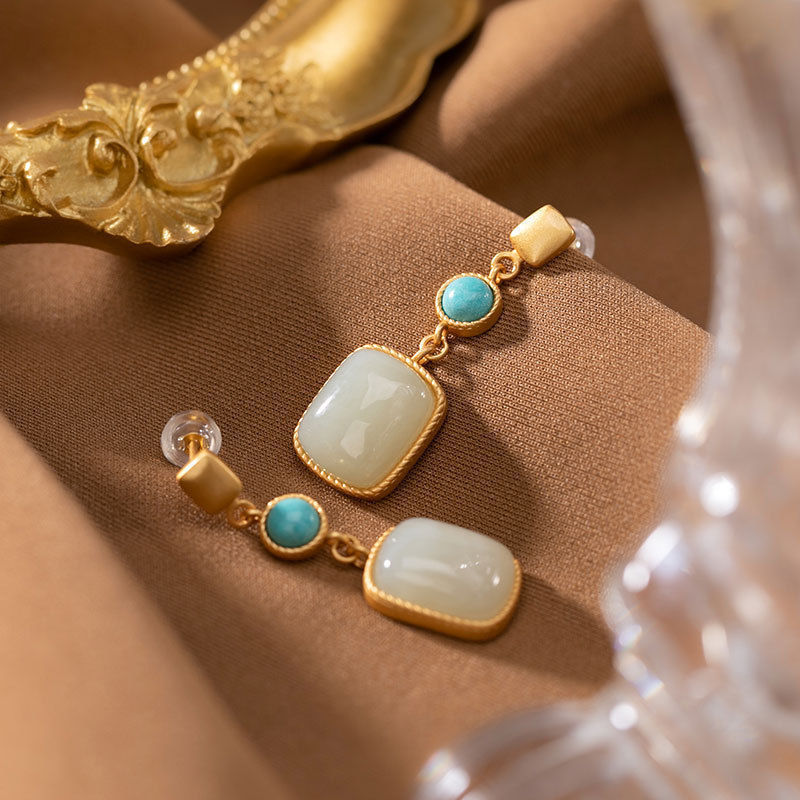 Vintage  Plated Square Hetian Jade Stud Earrings