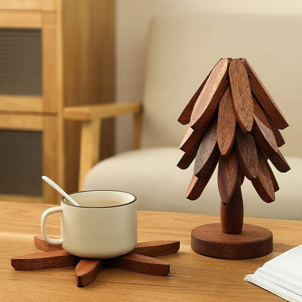 Walnut Wood Sculptural Coaster Set — Set of 4 with Tree Stand