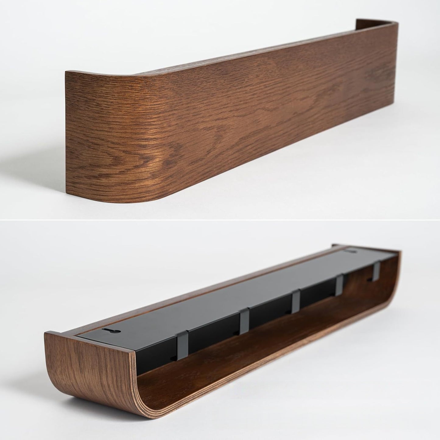 Walnut Curved Wall Shelf with Hooks — Entryway & Bedroom Organizer