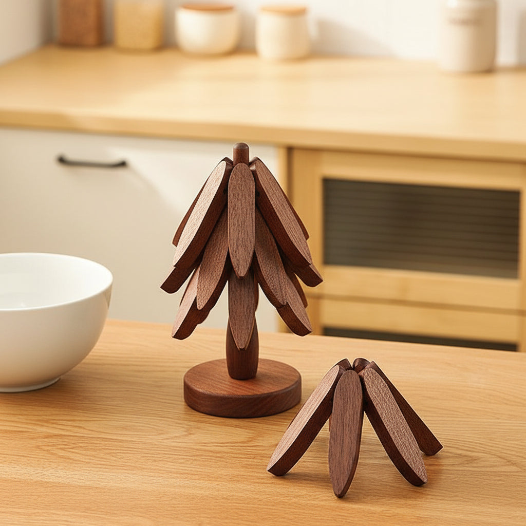 Walnut Wood Sculptural Coaster Set — Set of 4 with Tree Stand