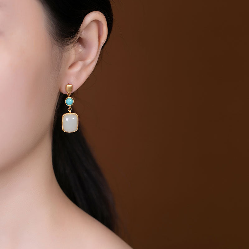 Vintage  Plated Square Hetian Jade Stud Earrings